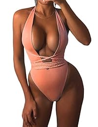 MOPOOGOSS traje de baño de una pieza con cuello en V profundo y cintura alta, venda multiusos para dama