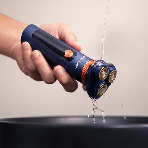 Rasoio Rotativo PrecisionCare Aluminium Pro. Autonomia 80min, Display LCD, Lame Titanio, 8000rpm, Resistente all'Acqua IPX6, Tecnologia Doppia Lama, Base Ricarica