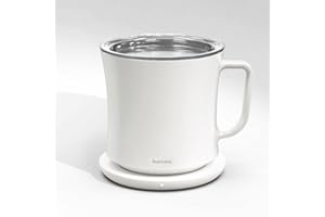 hurkins Smug, up to 149℉ Coffee Mug Warmer & Mug & pctg Lid Set, self Heated Cup with Wireless Charging Function, Office/Home for Desk. (Grande White)