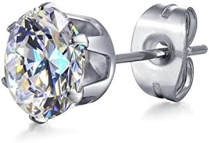 ZACY Women's Stainless Steel Round Clear Cubic Zirconia Diamond Rhinestone Stud Earring (6 Pairs)