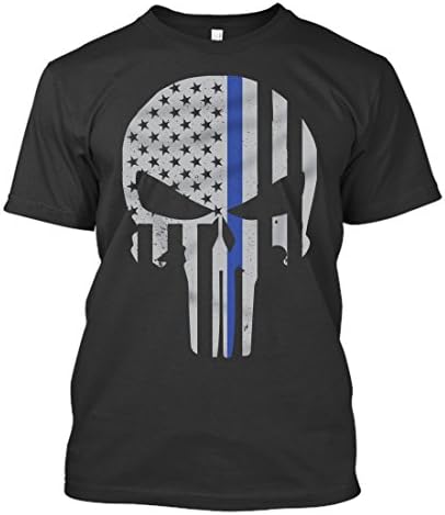 Thin Blue Line Punisher Logo T-Shirt - 100% Cotton (4XL, Black)