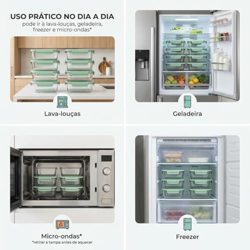 Pote de Vidro Hermético 370ml Retangular Kit 10 Unidades Marmita com Trava Organizador de Alimentos para Geladeira Freezer e Microondas