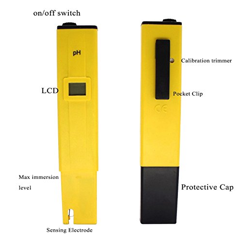 CyberTech PHTester PH-107 Digital pH Meter Tester, With 2 Pack of Calibration Solution Mixture Included.