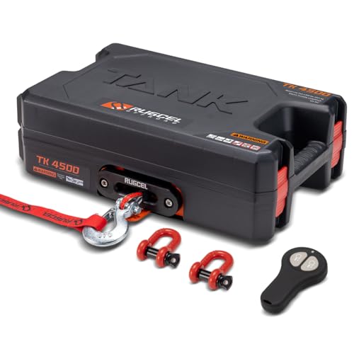 RUGCEL WINCH Electric Winch 2041kg (4500lbs), 12V DC, IP67 Waterproof, Synthetic Rope, Steel Mounting Plate, Hawse Guide Pulley, Wireless Remote Control, Black, SUV Truck Off-Road