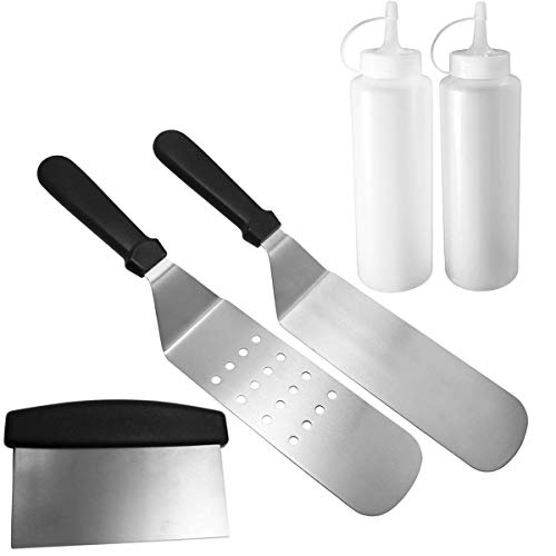 Broilmann Grill And Griddle Spatula Barbecue Tools Set (5 Piece),1 Chopper Scrapper + 2 Liquid Dispensers+ 2 Spatulas, Fits Blackstone Grill, Camp Chef Flat Top Grill And Other Grills