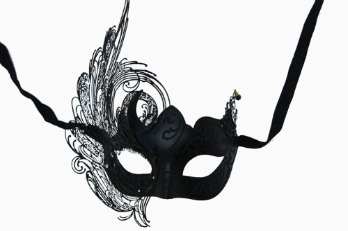 Laser Cut Venetian Royal Swan Princess w/ Wind Swirls Design Masquerade Mask - Intricately Decorated and Detailed - Black