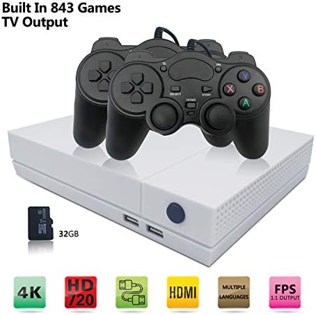 BAORUITENG Retro Game Console, HD Video Game Console 843 Classic Games 4K HDMI TV Output with 2PCS Joystick for a Great Gifi for Game Player (White)