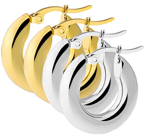 18k Gold Hoop Earrings, 2 Pairs Classic Shiny Polished Round Hoop Earrings for Women Girls Dainty Minimalist Open Hoop Earrings Wide Chunky Stainless Steel Earrings Jewelry Gift (Φ 0.98“)