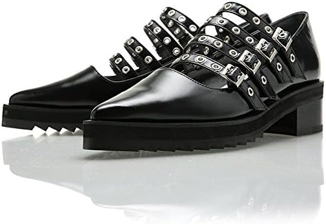 Yuul Yie Genuine Leather Pointed Toe Low Stacked Heel Stud Eyelet Pumps for Women
