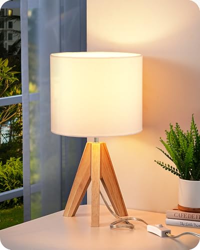 EDISHINE Lámpara mesa bonita trípode madera estilo mid-century, pantalla lino, para dormitorio, guardería, UL certificada, 14,2 pulg, interruptor on/off