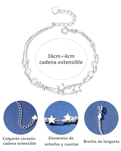 Pulseras para Mujer Estrella de Plata 925, Regalos para Mujer Cumpleaños Pulsera Joyeria Accesorios Ajustable para Mama Novia Amiga