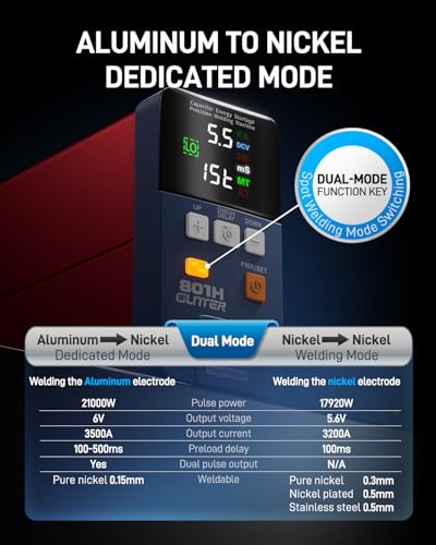 GLITTER 801H Battery Spot Welding Machine, 21000W 3500A, AT/MT Mode, for LiFePO4 Batteries, Aluminum-Nickel Welding with Push Arm and Pedal