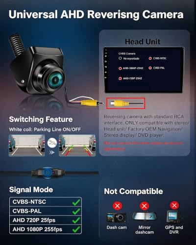 Vtopek universal rear view camera: 8 modes at the touch of a button, quick installation | 360° Rotatable OEM Look for Concealed, 170° Wide Angle, Night Vision, IP69 Waterproof Reversing Camera Retrofit NTSC for Car