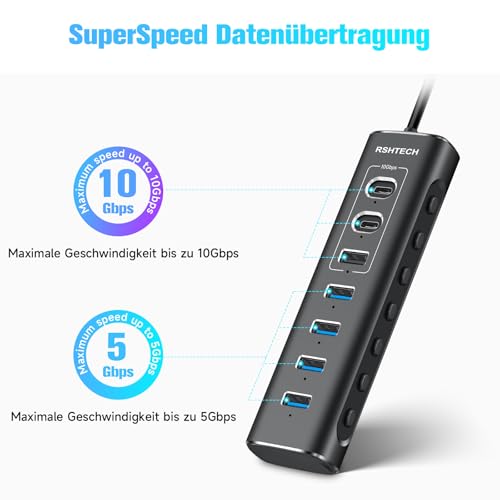 USB Powered Hub, RSHTECH 7 Ports USB 3.2/USB C Hub with USB-A 3.2 to 10Gbps, 2 USB-C 3.2, 4 USB 3.0 Ports to 5Gbps, USB C Hub Aluminum Data Cable 1m, Power Supply 24W, RSH-A107C