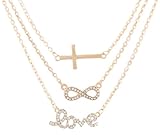 Goldtone with Clear Iced Out Cross, Infinity & Love Pendant Three Adjustable Link Chain Necklace (B-1148)
