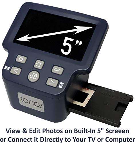 zonoz FS-Four Digital Film & Slide Scanner w/HDMI Output - Converts 35mm, 126, 110, Super 8 & 8mm Film Negatives & Slides to JPEG - Includes Large Bright 5-Inch LCD, Easy-Load Film Inserts Adapters