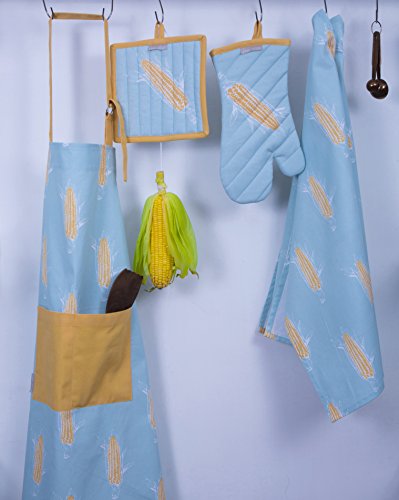 Set of Apron, Oven Mitt, Pot Holder, Pair of Kitchen Towels in a Unique Corn on the Cob Design, Made of 100% Cotton, Eco-Friendly & Safe, Value Pack and Ideal Gift Set,Kitchen Linen Set By CASA DECORS