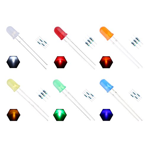 EDGELEC 5mm 6 Colors x 20pcs (120pcs) Assorted Colors Lights LED Diodes (Colored Lens) Diffused Round Top 29mm Long Feet +200pcs Resistors (For DC 6-13V) Included / Bulb Lamps Light Emitting Diode
