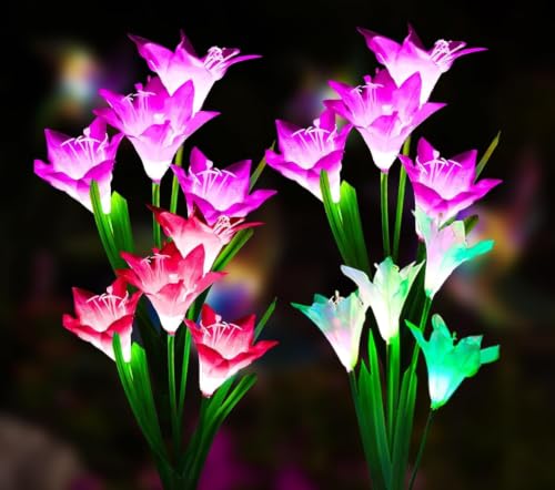 Dolucky Solar Garden Lights, 4 Pack Solar Lights Outdoor with 16 Lily Flowers, Multicolor Changing Solar Flower Lights Waterproof for Patio Lawn Garden Yard Pathway Outside Decoration