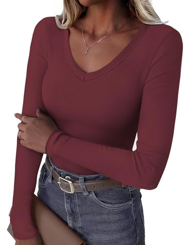 GKBK Women Long Sleeve V Neck Ribbed Knit Slim Fitted Shirts… at Amazon