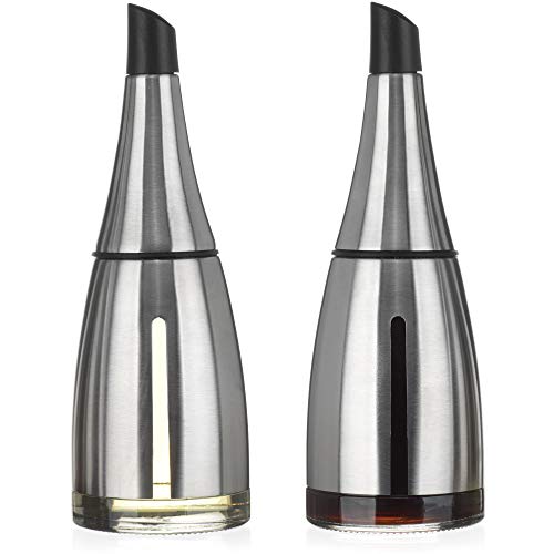 CHEFVANTAGE Olive Oil and Vinegar Cruet Dispenser Set with Elegant Glass Bottle and Drip Free Design - Stainless Steel