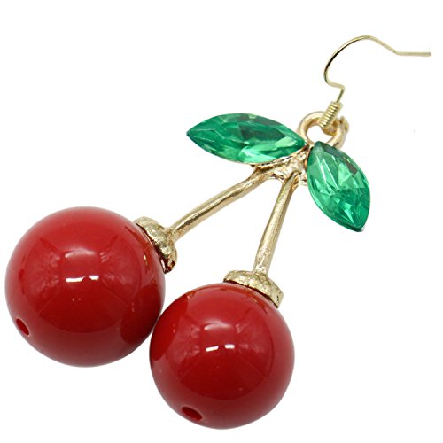 Buorsa 2 Pairs Gold Plated Red cherry Charm& Green Crystal Leaf Women Hook Dangle Drop Earrings(2 Size)