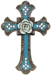 Resin Wall Hanging Cross Floral Pattern with Blue Rose Centerpiece