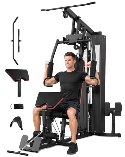 Home Gym Equipment, Multifunctional Home Gym Machine with 150 Lb Weight Stack for Back, Chest, Arms, Legs, All in One Exercise Station, Full Body Workout Machine for Strength Training