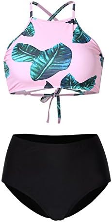 OnlyFuns Women's Leaves Printing High-waisted Halter Beach Bikini Swinwear Set Pink 2XL