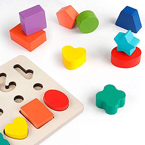 3-in-1 Wooden Blocks Puzzle Board Set, Math Toddler Kids Early Education Shape Sorter Counting Numbers 0-10 Ring, Learning & Educational Toys for Number Counting, Shape Sorting, Colors Stacking