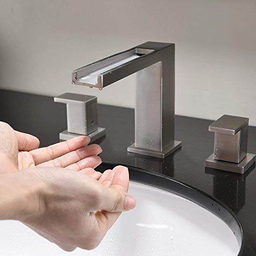 Waterfall Stainless Steel Two Handle Three Hole Widespread Bathroom Faucet, Brushed Nickel Bathroom Sink Faucet With Hoses