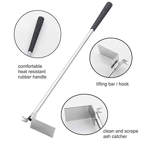 POLIGO Stainless Steel Charcoal Ash Rake with Rake Lifter - 24.6" BBQ Ash Tool Rake Poker with Rubber Handle for Big Green Egg, Kamado Joe, Charcoal Smoker, Wood Burning Stove
