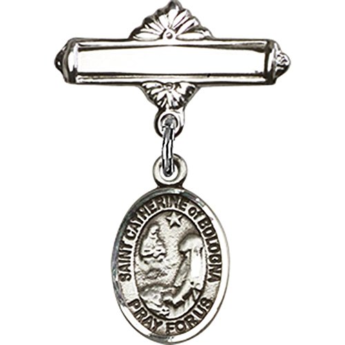 Sterling Silver Baby Badge with St. Catherine of Bologna Charm and Polished Badge Pin 1 X 5/8 inches