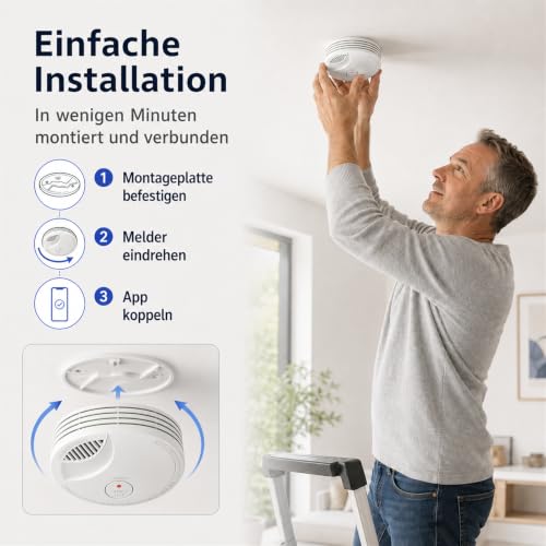Hapippofa WiFi Smoke Detector with App Notification, 10-Year Battery, Networkable, Tested according to DIN EN 14604, Optical Smoke Alarm for Smart Home, Easy Installation, 3 Pieces