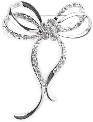 DongStar Fashion Jewelry, Classic Crystal Rhinestone Ribbon Bow Bow-knot Fashion Brooch Pins (Silver)