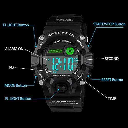 Venhoo Digital Kids Watches Outdoor Sport Waterproof Electronic LED Alarm Stopwatch Luminous Wrist Watch for Kids Boys Girls-Black - Thumbnail 2