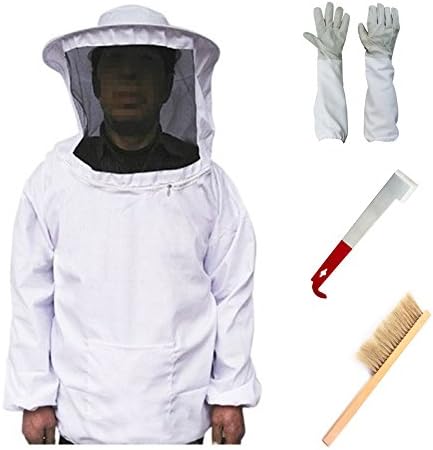 Hotsaleglobal Beekeeping Suit Jacket with Goatskin Leather Gloves, Beehive Brush and J Hook Hive Tool Set for Men Women Starter Beekeeper