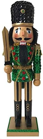Christmas Holiday Wooden Nutcracker Figure Soldier King with Traditional Green and Red Sequin Uniform Jacket, Gold Sword, and Black Sequin Hat with Sparkle Rhinestone Details, Large, 12 Inch