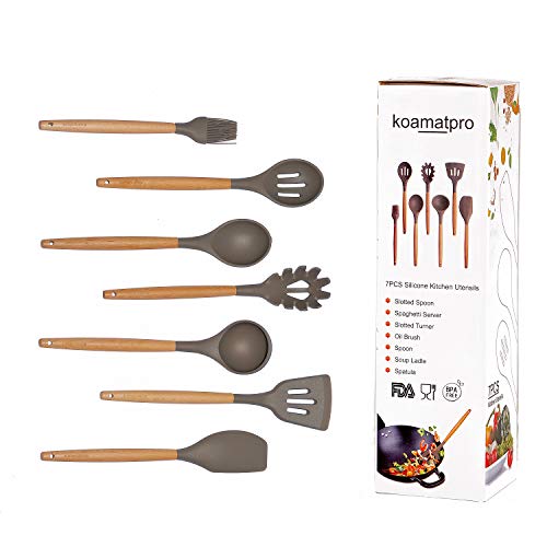 Koamatpro 7-Piece Premium Silicone Kitchen Cooking Utensils Set With Natural Bamboo Handles - Cooking Tool And Kitchen Gadget Set For Nonstick Cookware