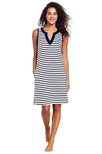 Lands' End Womens Cotton Jersey Sleeveless Cover-up Dress Colorblock White/deep Sea Stripe Regular Small