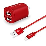 Tranesca Dual USB wall charger and 6ft MFI lighting charging cable for iPhone X,iPhone 8/8 plus/iPhone 7/7 plus/iPhone 6/iPad/iPad Pro and more (Red)