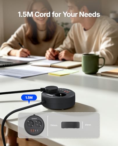 ORICO Round USB C Sockets, Multiplug 2500W with 2 AC Outlets, 2 USB-A and 2 USB-C 20W, 1.5 m Cable, Wall Mount with Screws (Save Space), for Office and Home, Black OSP