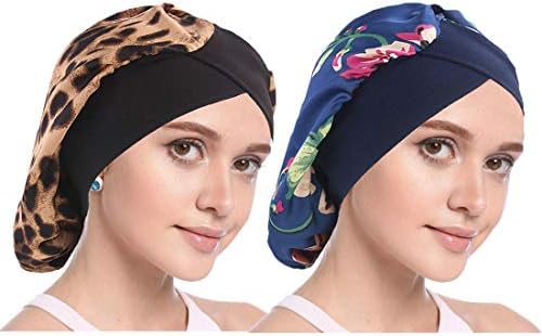 Simoda Satin Floral Night Cap for Curly Hair Elastic Band Sleeping Hat Hair Care Satin Bonnet (2 Pack (Leopard+Royal Blue))