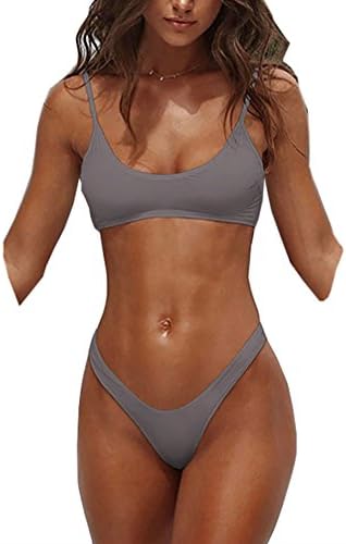 QIANQBKN Womens Sexy Thong Soft Padded Bikini Set Two Piece Swimsuits (S, Gray)