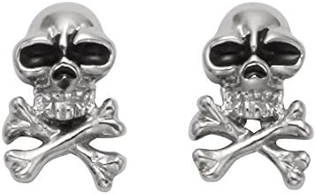 Stainless Steel Skull &amp; Crossbone Stud Earrings w/Black Enamel Eyes