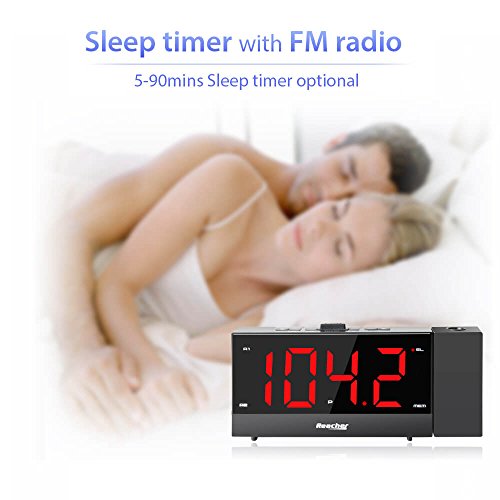 Reacher Projection Alarm Clock Radio with 5.5" Full Range Dimmer Digital LED Display Sleep Timer Radio Dual Alarms Snooze Timer Outlet Powered Dual USB Charger Ports for Bedrooms Bedside iPhone Phone