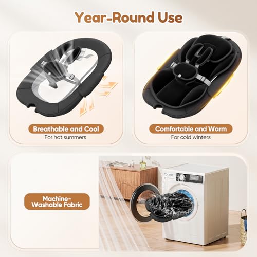 Dossier Réglable Transat Bébé Electrique, Balancelle Bébé Avec Coussin Amovible et Table D'appoint, Balançoire pour Baby avec 3 Minuteries et 5 Vitesses, 12 Mélodies, 3 Options D'alimentation (Noir)