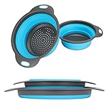 Collapsible Colander, 2 Collapsible Set, Learja Food-Grade Silicone kitchen Strainer Space-Saver Folding Strainer Colander, Sizes 8 inches - 2 Quart, and 9.5 inches - 3 quart. (Blue)