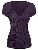 Zeagoo Women's Cross-front V Neck Ruched Cap Sleeve Blouse,Purple,X-Large