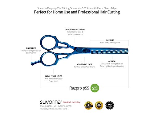 Suvorna Professional Barber Blue Titanium Razor Edge Hair Cutting and Texturizing Scissors Set Razpro P55, Blue, 16 Ounce